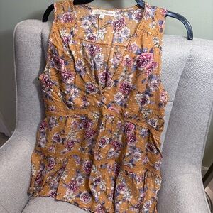 Rewind Mustard Yellow Floral Sleeveless V-Neck Top size Large